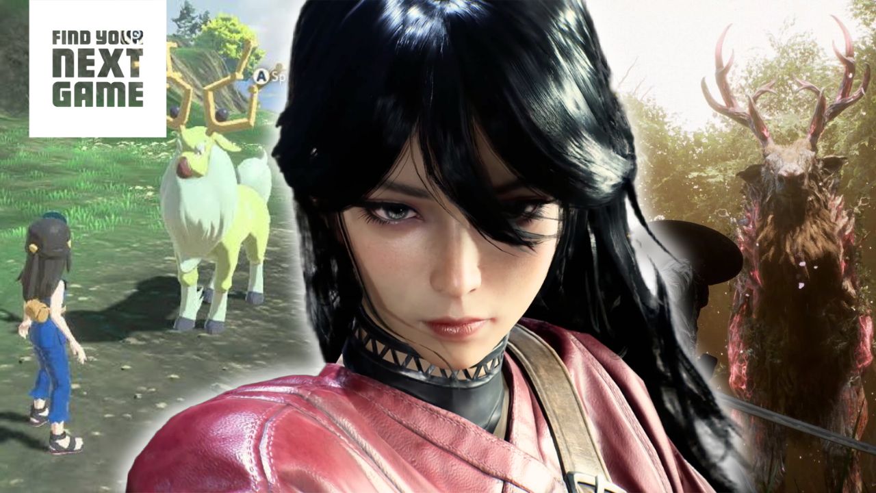 A woman in a red jacket stands with long black hair in front of a group of deer