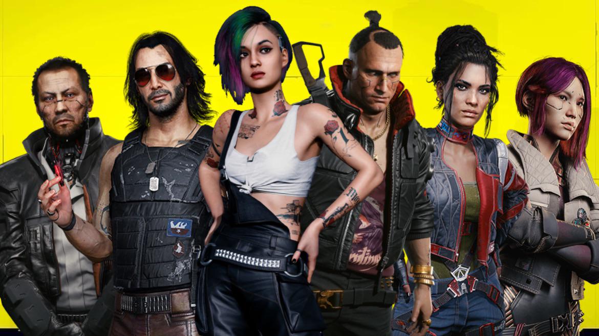 The characters from Cyberpunk 2077 are gathered together