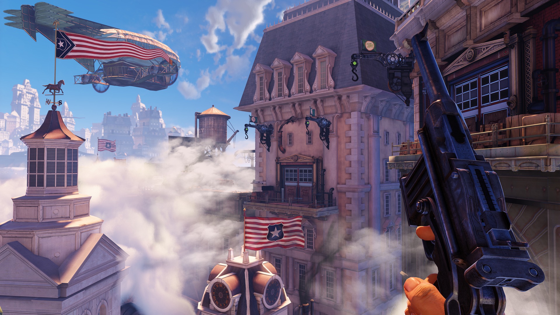 A scene from Bioshock Infinite with characters and airships in the sky