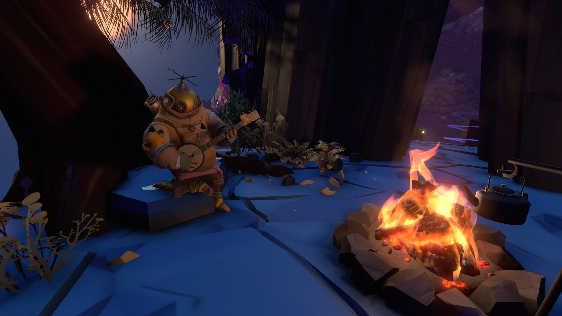 A character from Outer Wilds sitting by a fire