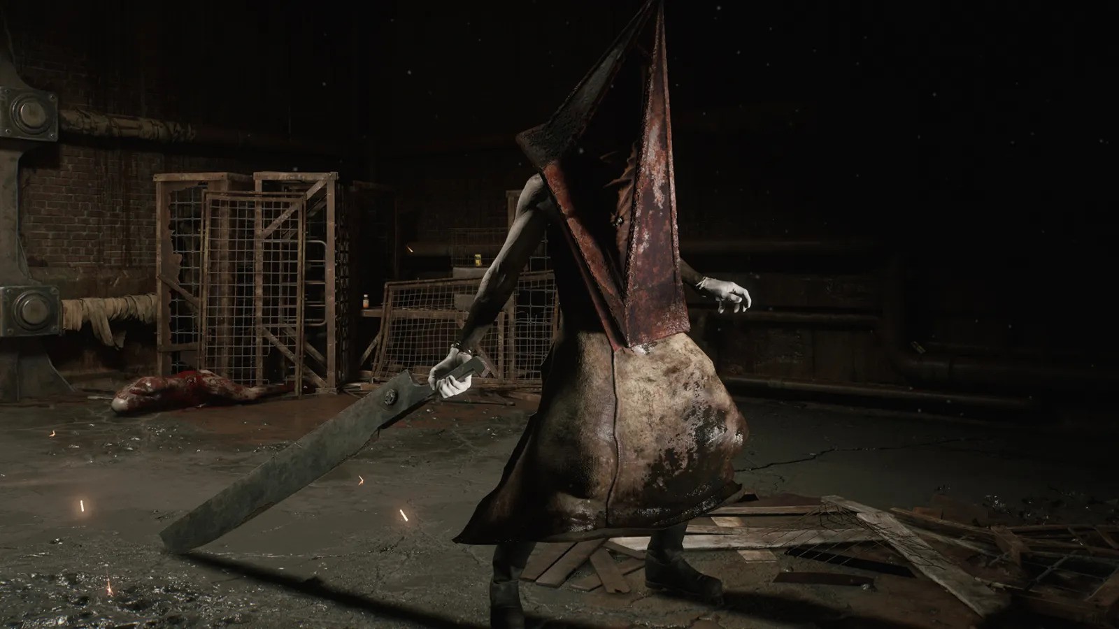 Silent Hill 2 character in a hooded outfit stands holding a large knife