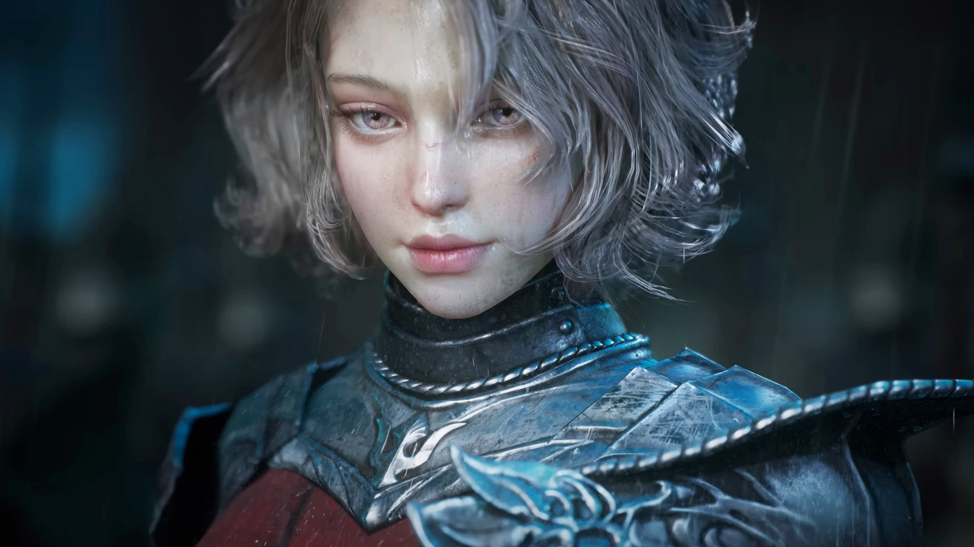 A woman in armor with short hair, showing strength and readiness for battle.