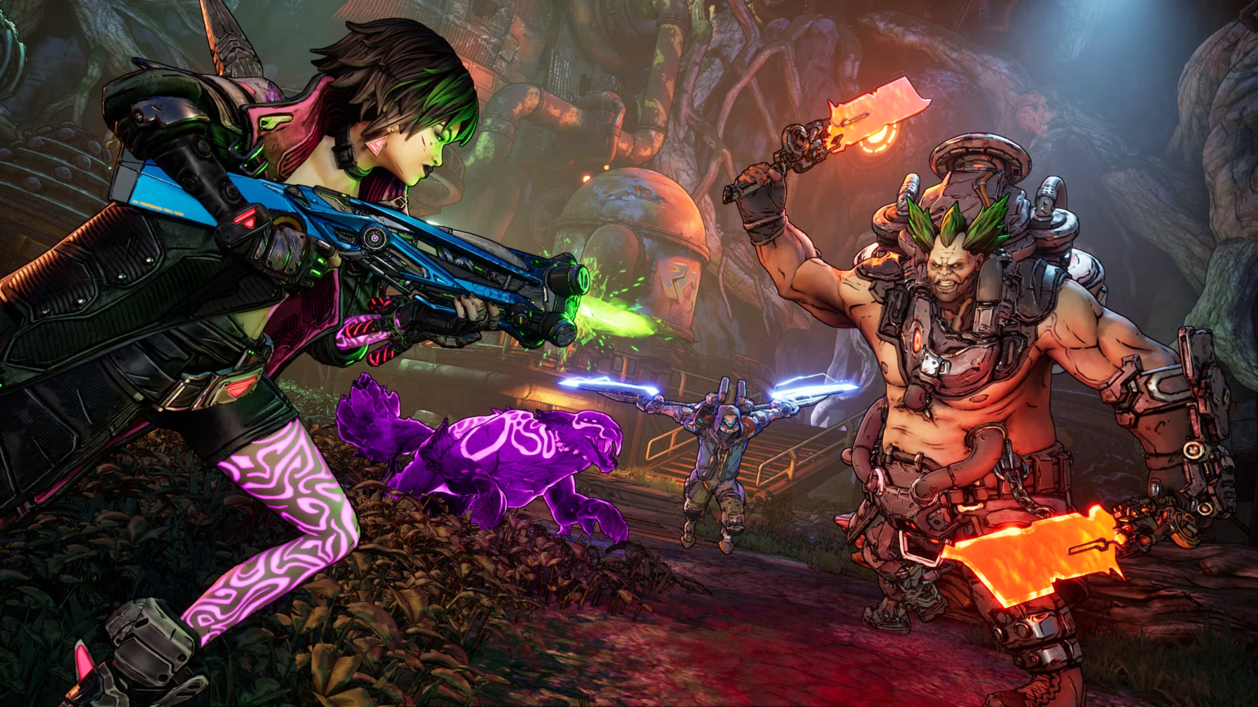 A character with neon pink leggings and a blue gun attacks a large, mohawked enemy with an orange-glowing axe