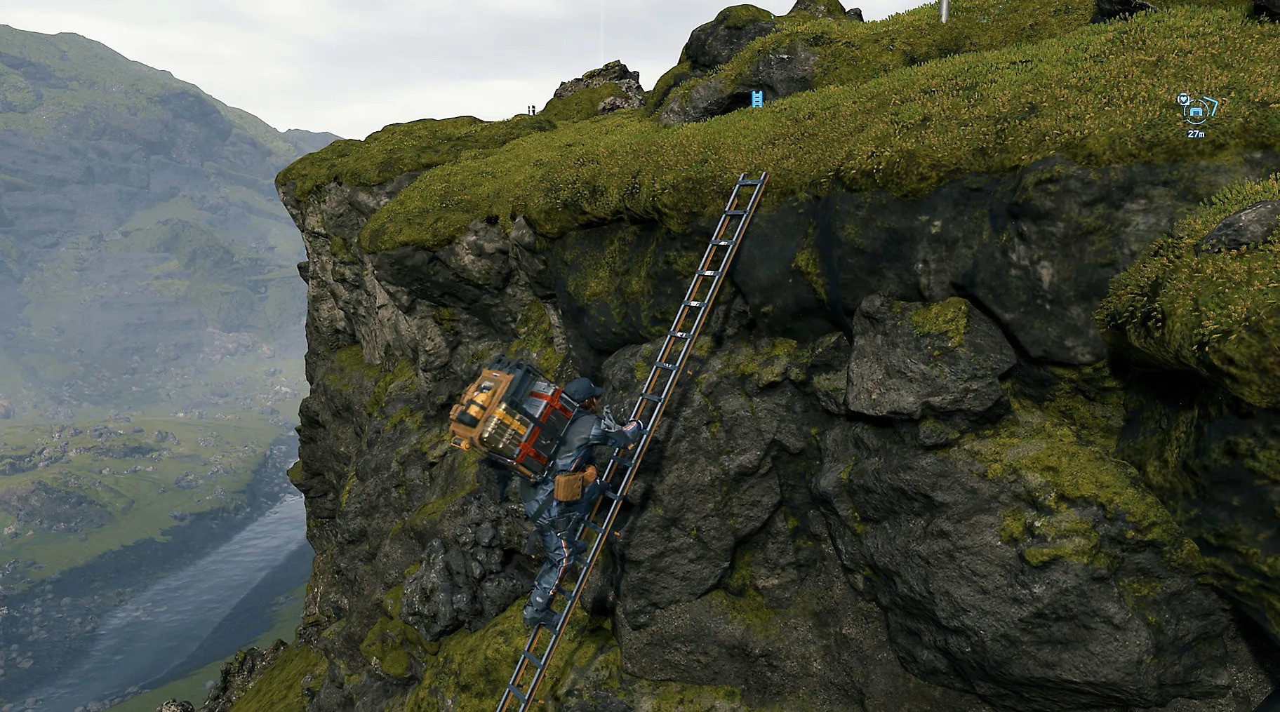A Death Stranding character ascends a steep cliff using a ladder