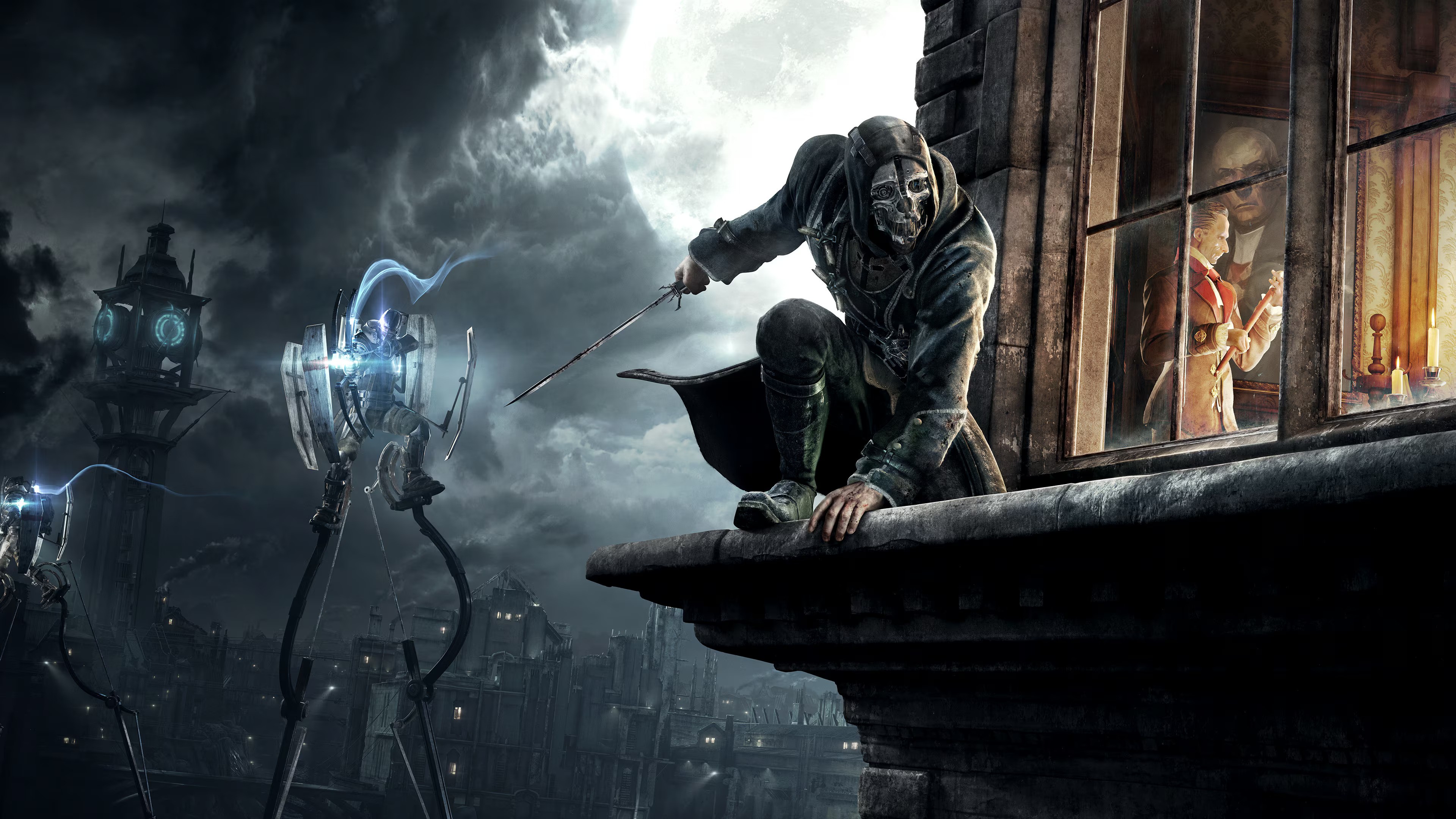 Dishonored character in a black suit sits on a ledge, holding a sword