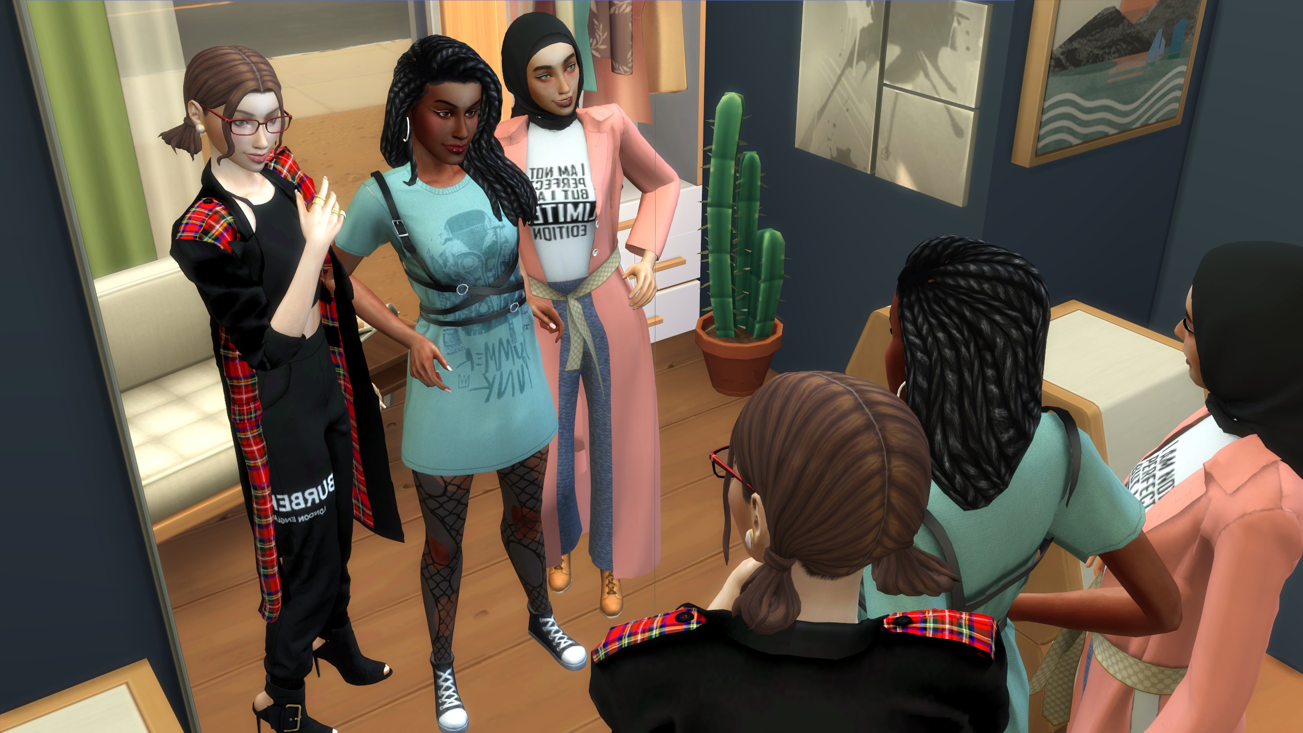 A group of five diverse female characters from the video game The Sims 4 gathered indoors