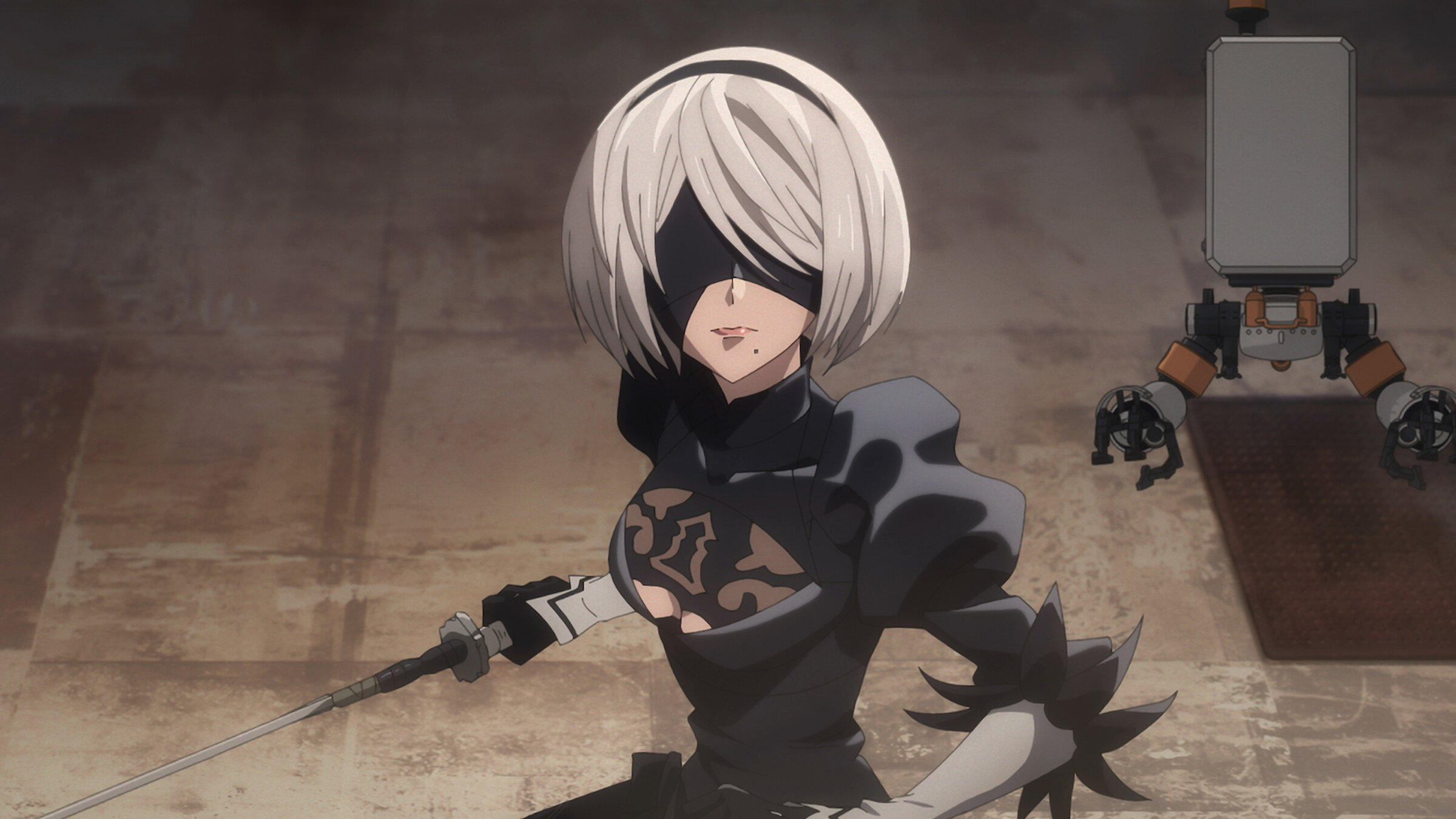 Anime character with white hair and black attire, wielding a sword in a dynamic pose