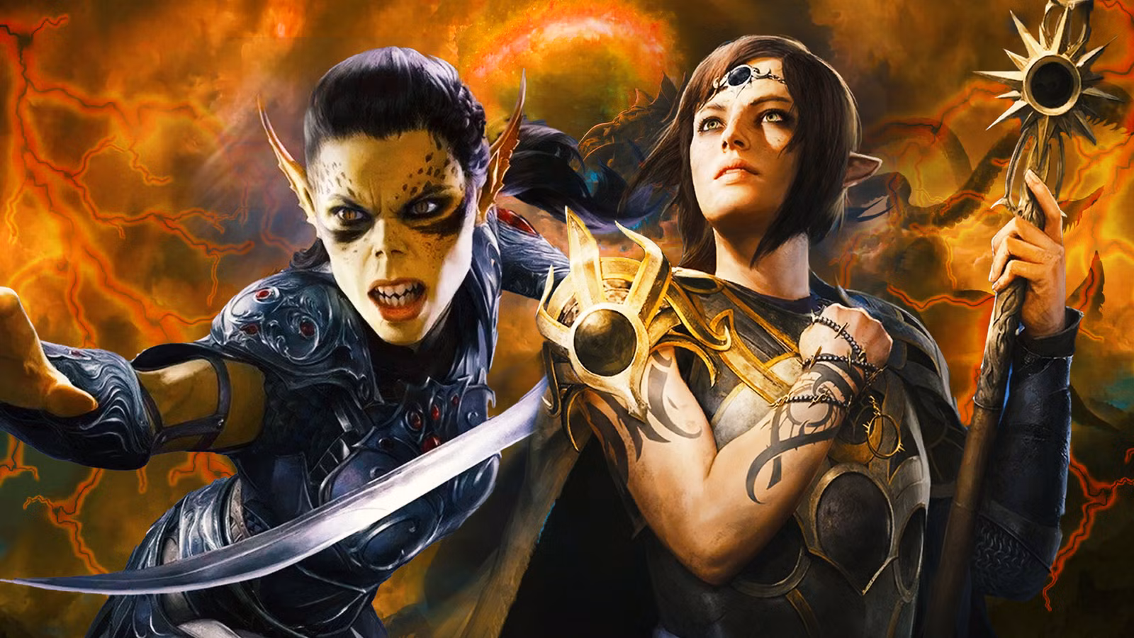 A fantasy character with yellow-green skin and fangs snarling next to a companion holding a sun-topped staff