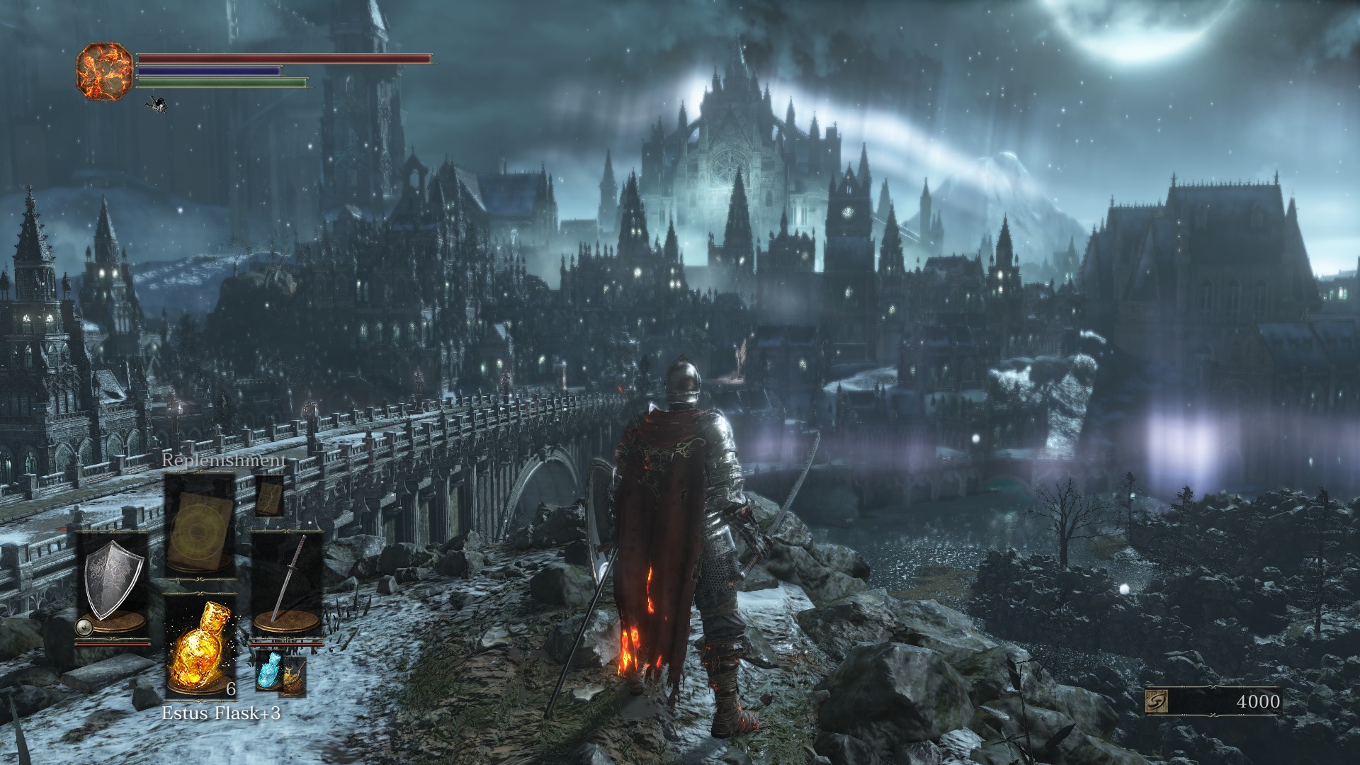 A medieval knight in shining armor stands overlooking a sprawling, dark fantasy city under a massive moon