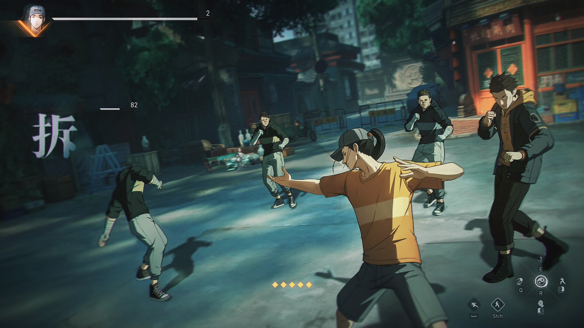 A diverse group of people playing basketball in a bustling Asian city