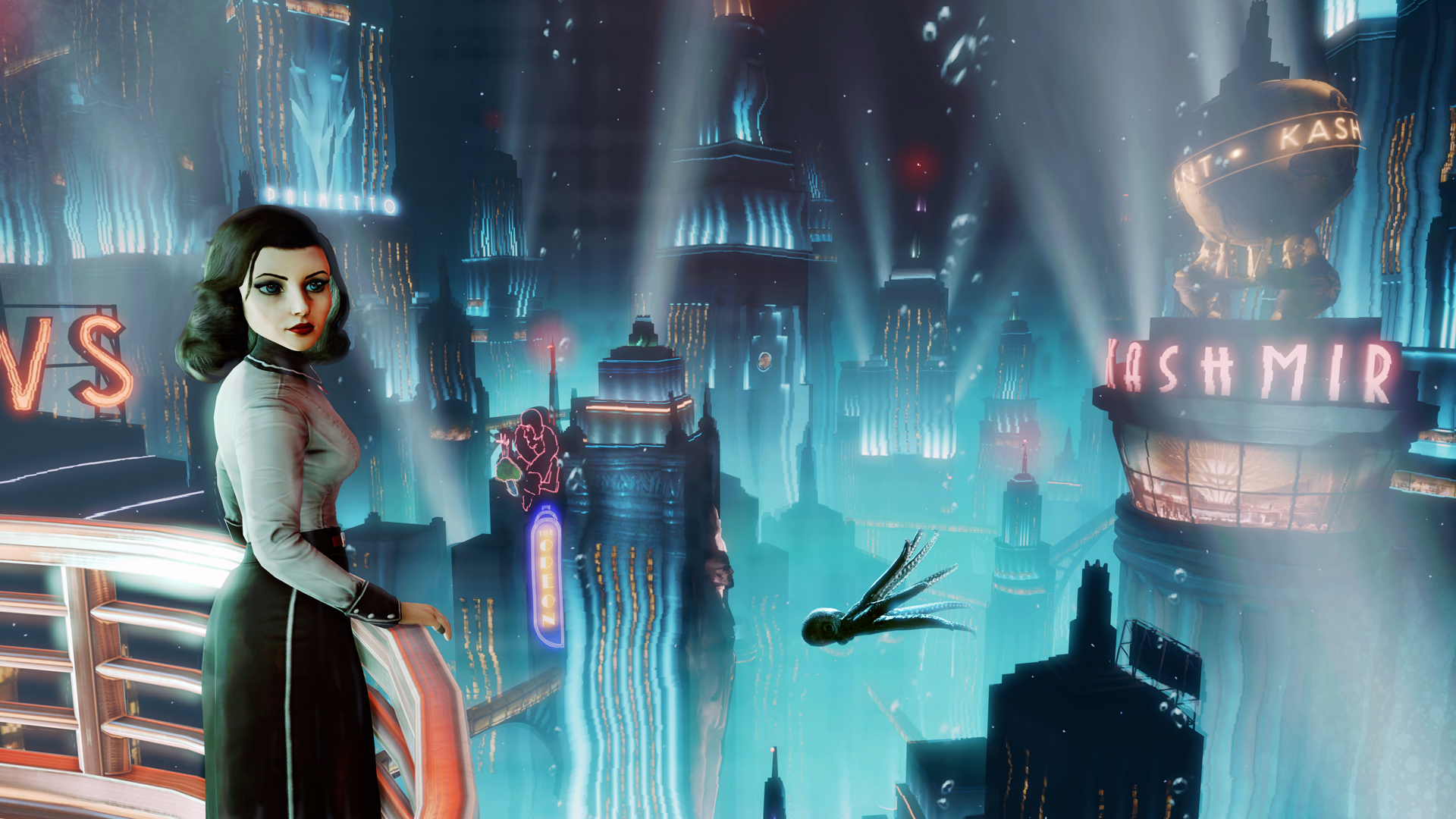 A character from BioShock in a black dress stands on a balcony