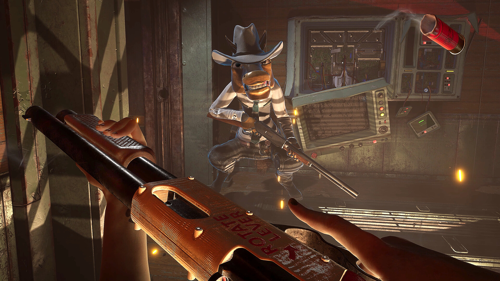 A man holding a gun stands in a room with another man