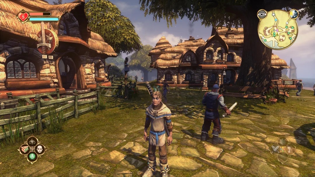 Fable screenshot featuring a detailed fantasy environment with players engaged in combat